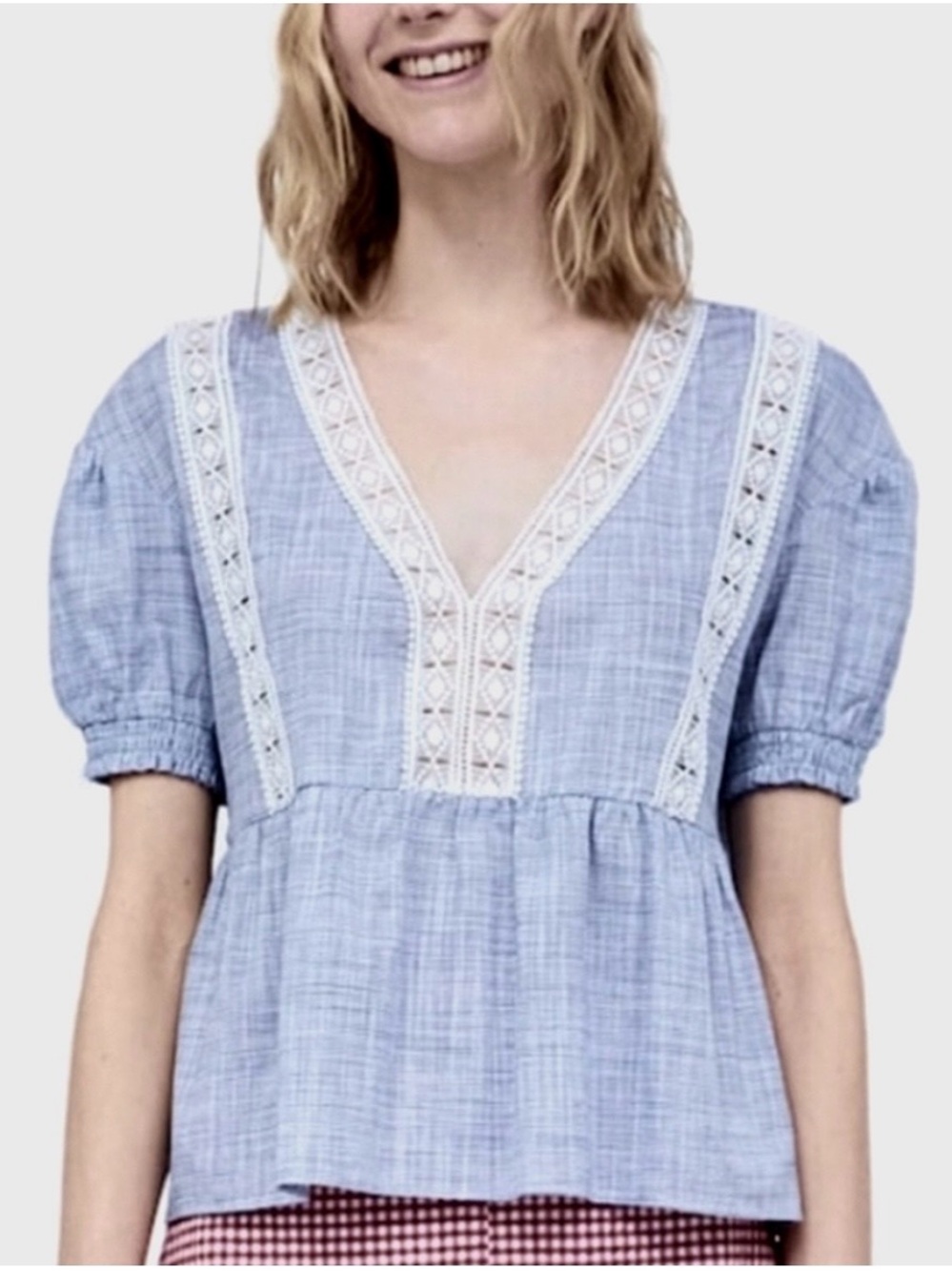 Zara Basic Blue Puffed Sleeve Ruffled Boxy Crop Top White Crochet Size Medium